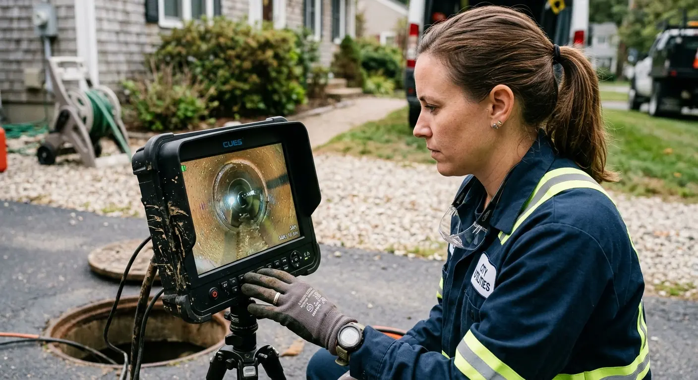 Technician reviewing sewer camera inspection footage in Wilmington Manor