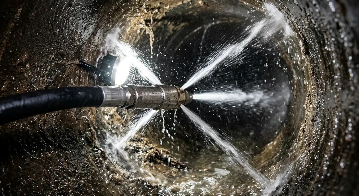 High-pressure hydro jetting nozzle cleaning sewer pipe for Emergency Drain Service in Wilmington Manor