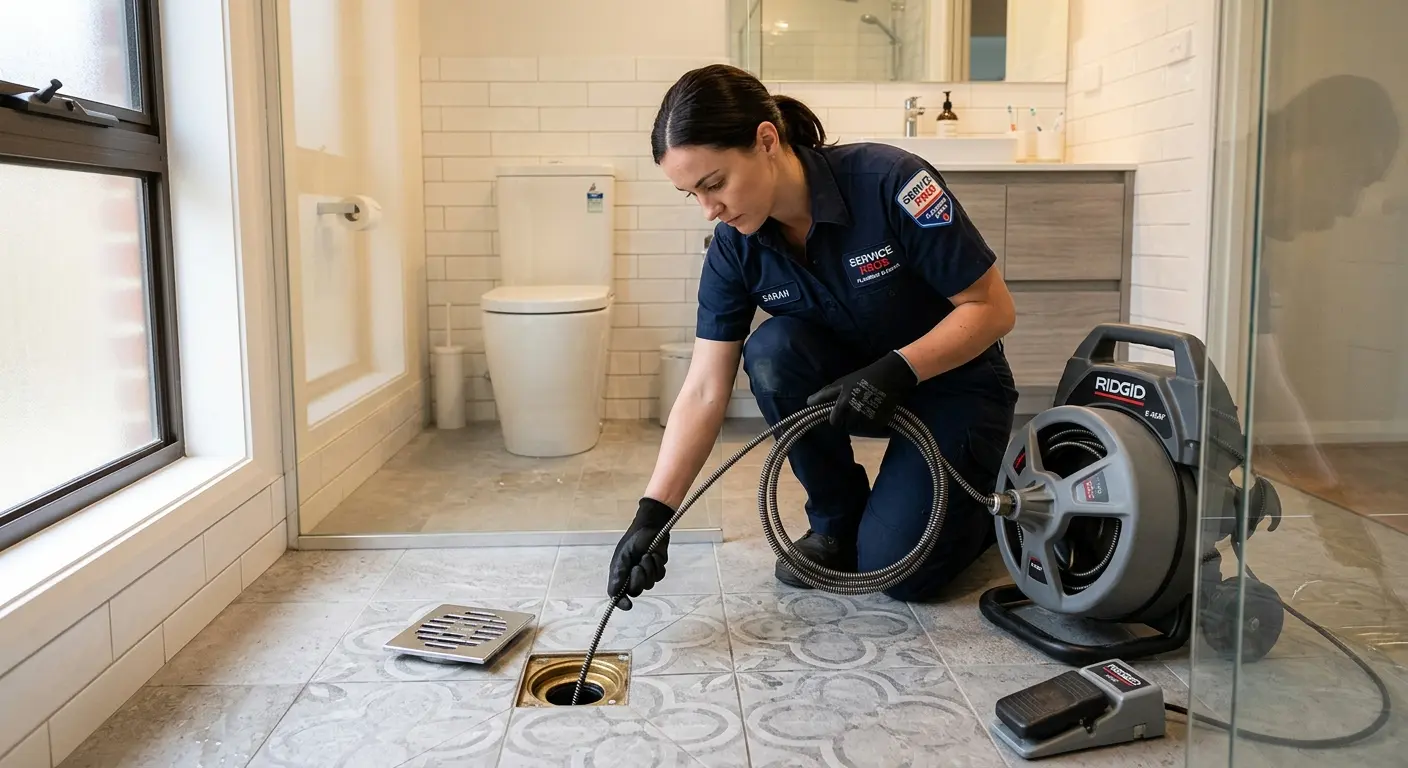 Technician clearing a bathroom floor drain for Drain Cleaning in Wilmington Manor
